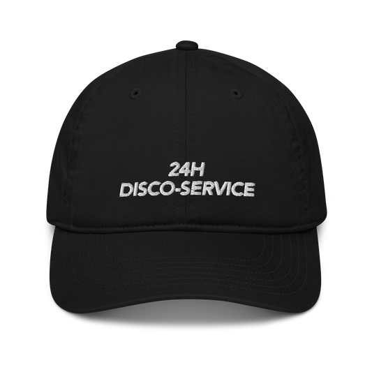 »24H DISCO-SERVICE« – DJ Organic Cotton Baseball & Dad Hat | White Embroidery